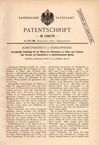 Original Patentschrift - J. Postinett in Königswinter ,1898, Brennofen für Kunssteine , Trockenofen , Ofen , Ziegelei !!