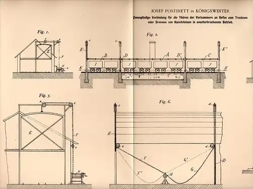 Original Patentschrift - J. Postinett in Königswinter ,1898, Brennofen für Kunssteine , Trockenofen , Ofen , Ziegelei !!