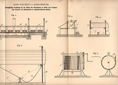 Original Patentschrift - J. Postinett in Königswinter ,1898, Brennofen für Kunssteine , Trockenofen , Ofen , Ziegelei !!