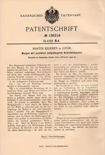 Original Patentschrift - M. Kelemen in Györ , Ungarn , 1902 , Mangel mit pendelndem Gewichtskasten !!!