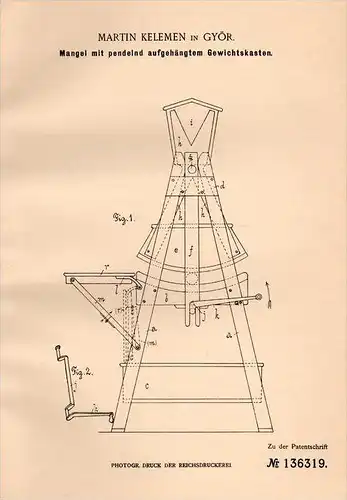 Original Patentschrift - M. Kelemen in Györ , Ungarn , 1902 , Mangel mit pendelndem Gewichtskasten !!!