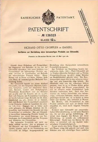 Original Patentschrift - R. Groppler in Danzig , 1901 , Balsam aus Citronellöl , Salbe , Seife , Heilmittel !!!