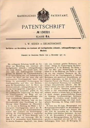 Original Patentschrift - L. Seeser in Delmenhorst , 1901 , Herstellung von Linoleum , Muster !!!