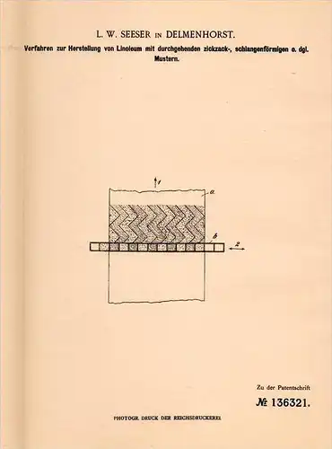 Original Patentschrift - L. Seeser in Delmenhorst , 1901 , Herstellung von Linoleum , Muster !!!