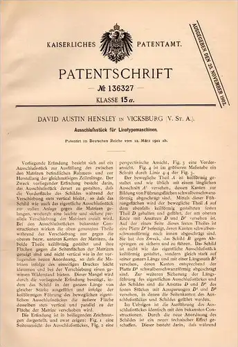 Original Patentschrift - D. Hensley in Vicksburg , USA , 1901 , Lino - Typemachine !!!