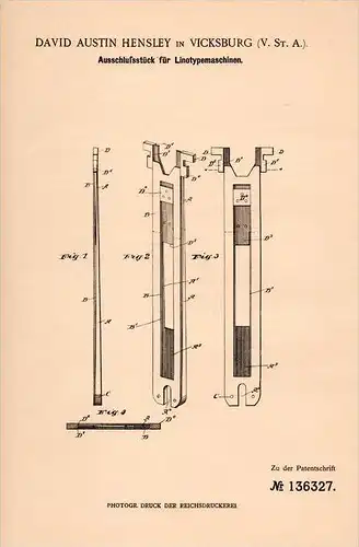 Original Patentschrift - D. Hensley in Vicksburg , USA , 1901 , Lino - Typemachine !!!