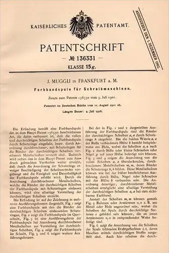 Original Patentschrift - J. Muggli in Frankfurt a.M., 1901 , Farbband - Spule für Schreibmaschine , Büro , Sekretariat