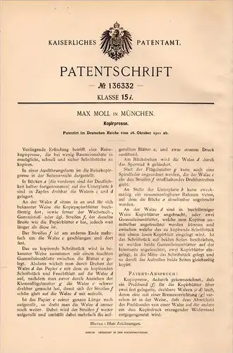 Original Patentschrift - Max Moll in München , 1901 , Kopierpresse , Kopierer , Presse !!!