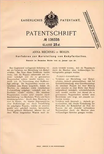 Original Patentschrift - A. Mechnig in Berlin , 1902 , Herstellung von Knüpfarbeiten , Knüpfen , Knüpferei !!!