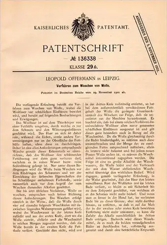 Original Patentschrift - L. Offermann in Leipzig , 1901 , Waschen von Wolle , Wäscherei !!!