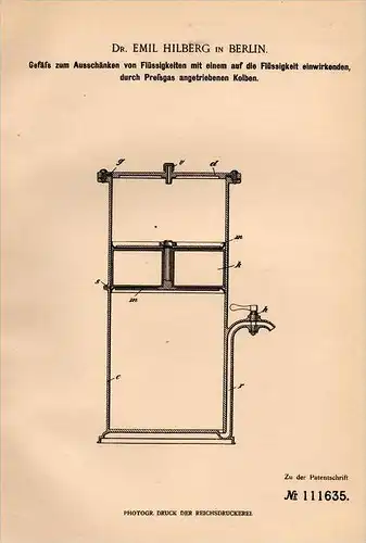 Original Patentschrift - Dr. E. Hilberg in Berlin , 1898 , Apparat zum Ausschänken , Ausschank , Kneipe , Bar , Bier !!!