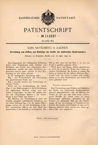 Original Patentschrift - K. Savelsberg in Aachen , 1899 , Apparat für Gasfernzünder , Gas , Zünder , Heizung !!!
