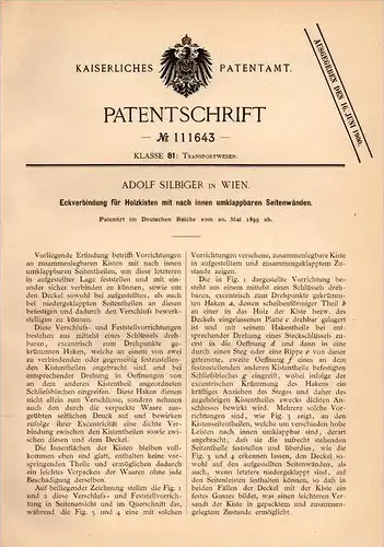 Original Patentschrift - A. Silbiger in Wien , 1899 , Eckverbindung für Holzkisten , Kiste , Transport , Holz !!!