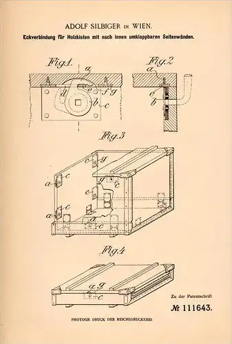 Original Patentschrift - A. Silbiger in Wien , 1899 , Eckverbindung für Holzkisten , Kiste , Transport , Holz !!!