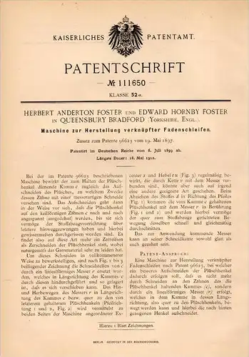 Original Patentschrift - H. Foster in Queensbury Bradford , 1899 , machine for yarn , textiles !!!