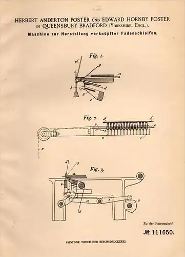 Original Patentschrift - H. Foster in Queensbury Bradford , 1899 , machine for yarn , textiles !!!