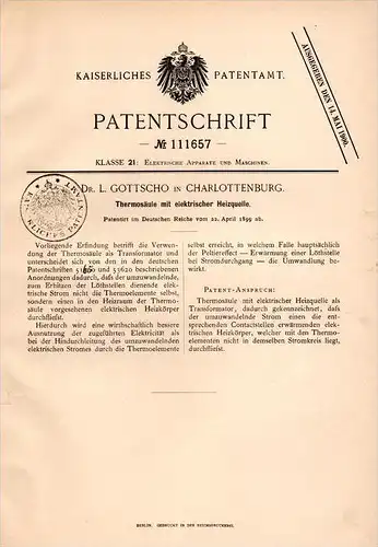 Original Patentschrift - D. L. Gottscho in Charlottenburg , 1899 , Themosäule mit Heizquelle , Trafo , Berlin , Heizung