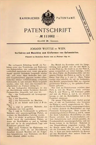 Original Patentschrift - J. Wottle in Wien , 1899 , Maschine zum Formen von Modellen aus Guß , Modellbau , Modell !!!