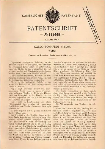 Original Patentschrift - C. Bonafede in Rom / Roma , 1899 , Trichter , Imbuto !!!