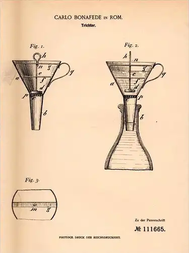 Original Patentschrift - C. Bonafede in Rom / Roma , 1899 , Trichter , Imbuto !!!