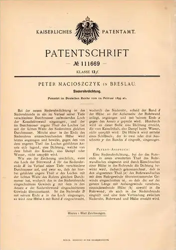Original Patentschrift - P. Macioszczyk in Breslau , 1899 , Siederohrdichtung , Dampf , Kessel !!!