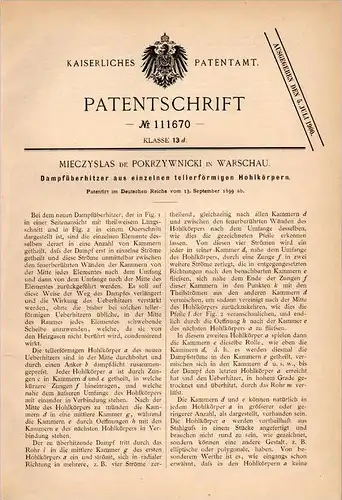 Original Patentschrift - M. de Pokrzywnicki in Warschau , 1899 , Dampfüberhitzer , Dampfmaschine  !!!