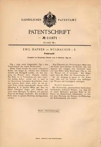 Original Patentschrift - E. Hafner in Mülhausen / Mulhouse i. Elsass , 1899 , Ventil , Probirventil !!!