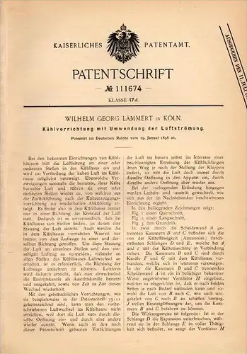 Original Patentschrift - W. Lämmert in Köln a.Rh., 1898 , Kühlvorrichtung , Kühlhaus , Klimaanlage !!!