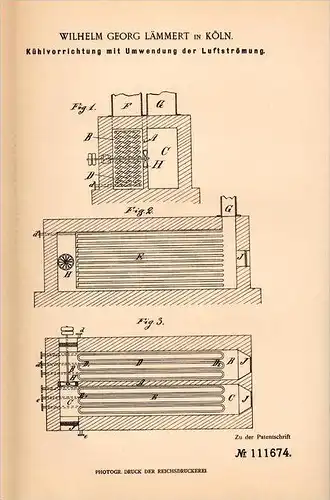 Original Patentschrift - W. Lämmert in Köln a.Rh., 1898 , Kühlvorrichtung , Kühlhaus , Klimaanlage !!!