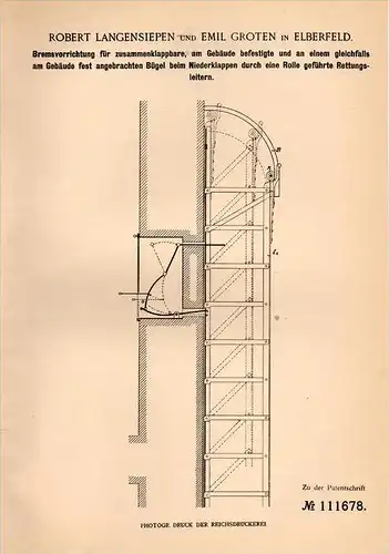 Original Patentschrift - R. Langensiepen und E. Groten in Elberfeld , 1898 , Rettungsleiter , Feuerwehr , Wuppertal !!!