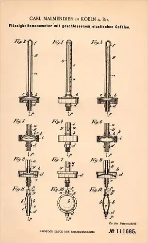 Original Patentschrift - C. Malmendier in Köln a.Rh., 1899, Manometer , Flüssigkeitsmanometer , Physik !!!