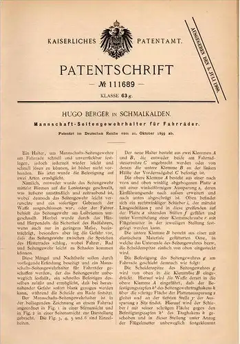 Original Patentschrift - Seitengewehr - Halter für Fahrrad , 1899 , H. Berger in Schmalkalden , Gewehr , Jagd , Miltär !