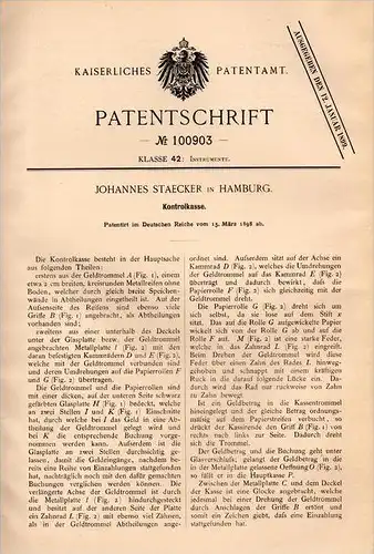 Original Patentschrift - J. Staecker in Hamburg , 1898 , Kontrollkasse , Kasse , Geld , Münzen !!!