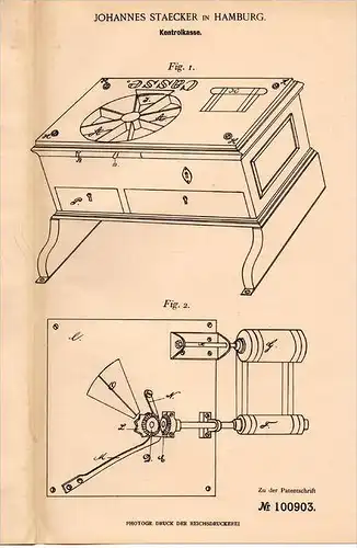 Original Patentschrift - J. Staecker in Hamburg , 1898 , Kontrollkasse , Kasse , Geld , Münzen !!!