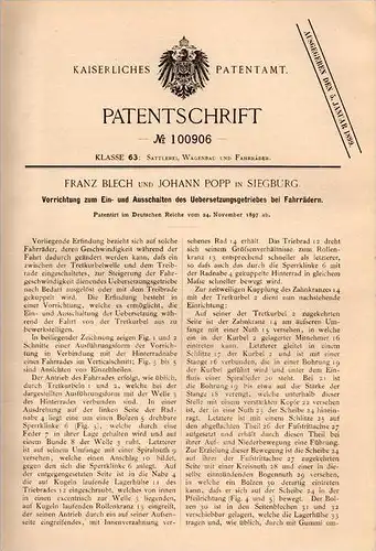 Original Patentschrift - F. Blech und J. Popp in Siegburg , 1897 , Getriebe für Fahrrad , Fahrräder !!!