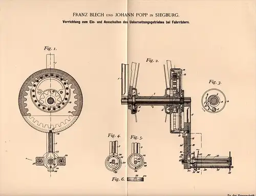 Original Patentschrift - F. Blech und J. Popp in Siegburg , 1897 , Getriebe für Fahrrad , Fahrräder !!!