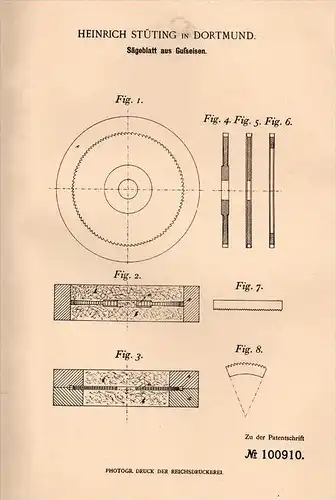 Original Patentschrift - H. Stüting in Dortmund , 1897 , Sägeblatt aus Gußeisen , Säge  !!!
