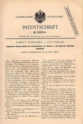 Original Patentschrift - R. Schrader in Göttingen , 1898 , Jagdgewehr , Hammerschloß , Jagd , Gewehr , Jäger !!!