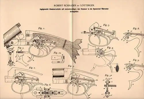 Original Patentschrift - R. Schrader in Göttingen , 1898 , Jagdgewehr , Hammerschloß , Jagd , Gewehr , Jäger !!!