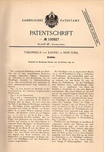 Original Patentschrift - Th. van Kannel in New York , 1897 , revolving door , Drehtür !!!