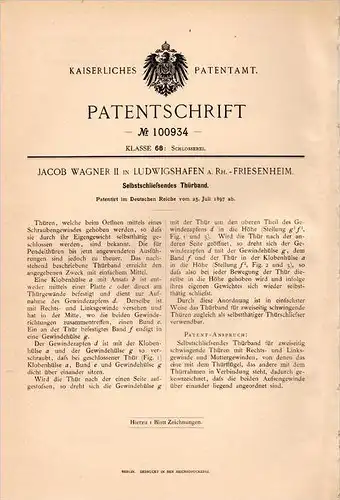 Original Patentschrift - J. Wagner in Ludwigshafen a. Rh., 1897 , selbstschließendes Türband , Friesenheim !!!