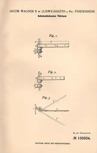 Original Patentschrift - J. Wagner in Ludwigshafen a. Rh., 1897 , selbstschließendes Türband , Friesenheim !!!