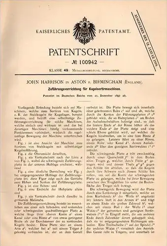 Original Patentschrift - J. Harrison in Aston b. Birmingham ,1897 , ball sorting machine !!!