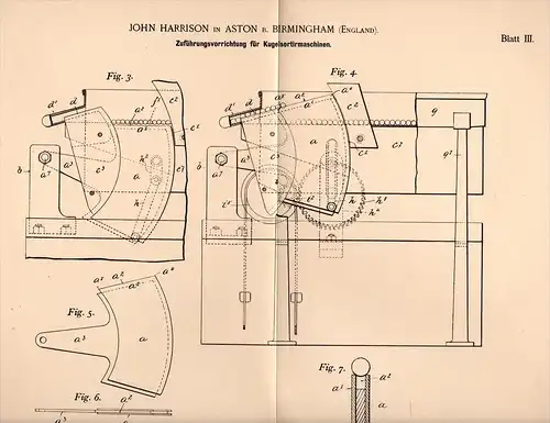 Original Patentschrift - J. Harrison in Aston b. Birmingham ,1897 , ball sorting machine !!!