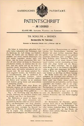 Original Patentschrift - Th. Schlunk in Bremen , 1898 , Reifen für Fahrräder , Borstenreifen , Fahrrad !!!