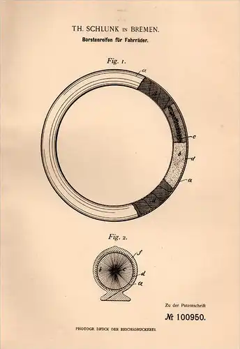 Original Patentschrift - Th. Schlunk in Bremen , 1898 , Reifen für Fahrräder , Borstenreifen , Fahrrad !!!