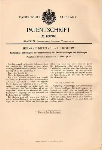 Original Patentschrift - H. Dieterich in Hildesheim , 1898 , Gewehranschlag - Überwachung für Zielübung , Schützen !!!