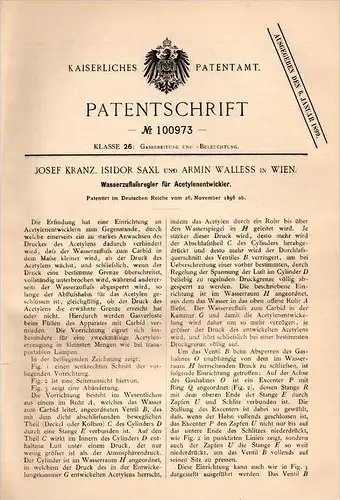 Original Patentschrift - J. Kranz , I. Saxl und A. Walless in Wien , 1896 , Regler für Acetylenentwickler , Beleuchtung