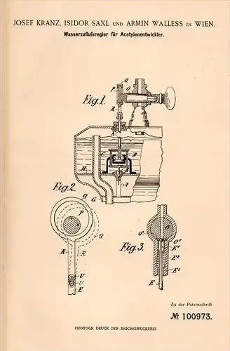 Original Patentschrift - J. Kranz , I. Saxl und A. Walless in Wien , 1896 , Regler für Acetylenentwickler , Beleuchtung