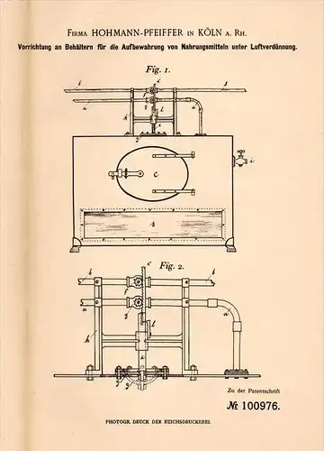 Original Patentschrift - Fa. Hohmann - Pfeiffer in Köln a.Rh., 1897 , Luftverdünner für Nahrungsmittel !!!